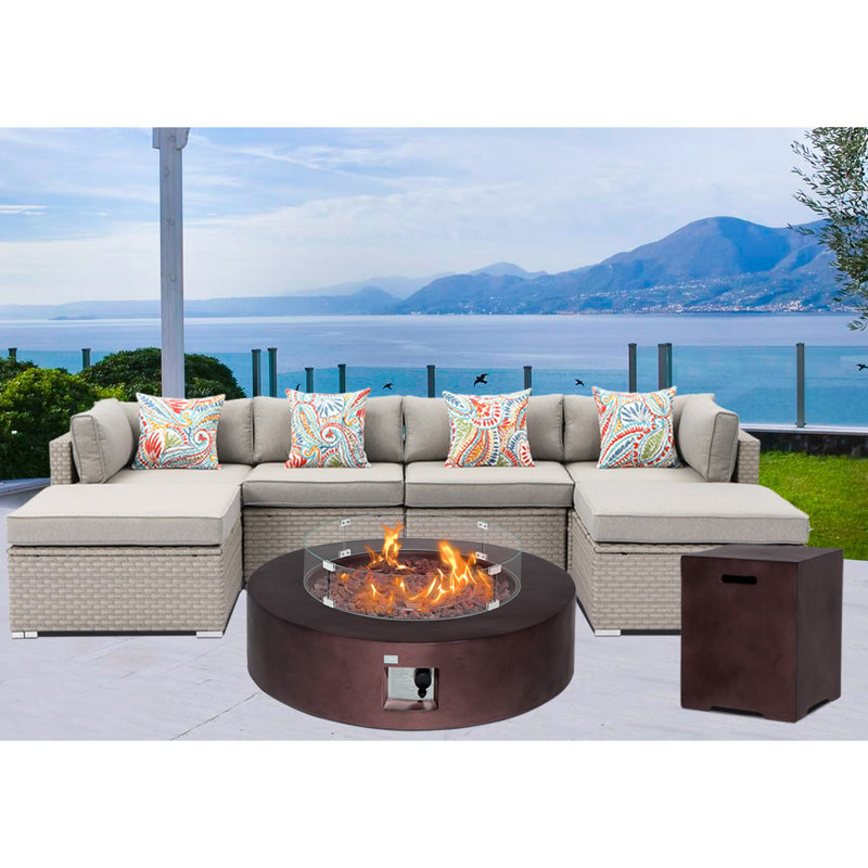 Rosecliff Heights Outdoor 8piece sectional sofa propane w fire pit table, grey patio rattan